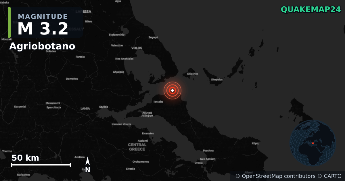 M3.2 earthquake near Agriobotano on Jan 11, 2026 — map of epicenter and shaking intensity | QuakeMap24