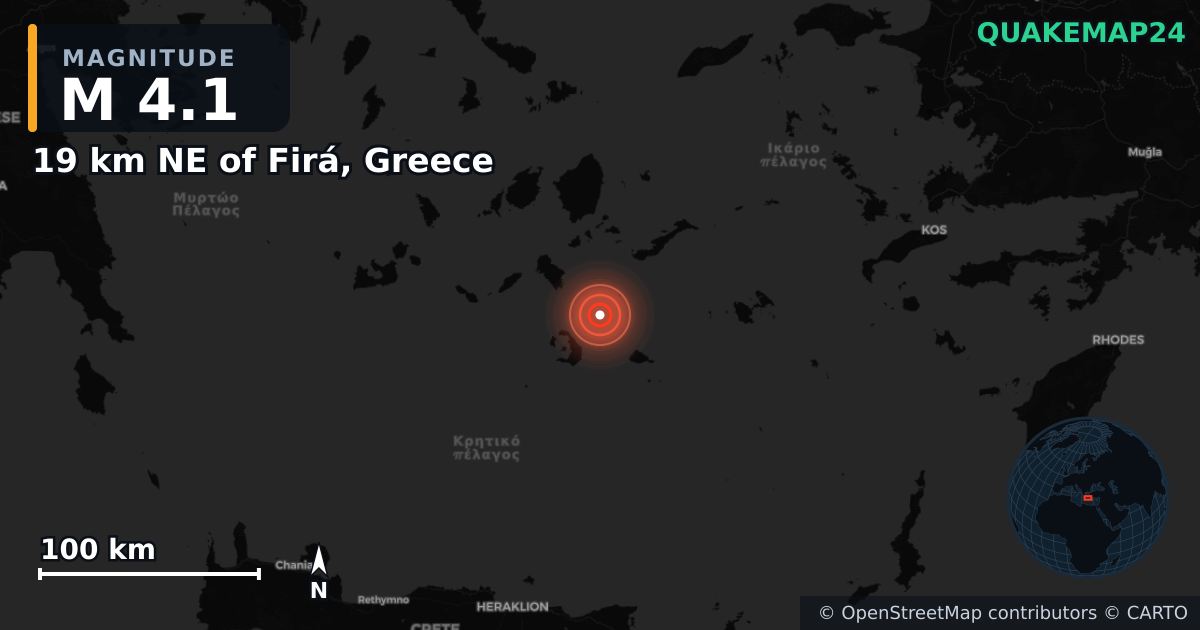 19 km NE of Firá, Greece yakınında M4,1 deprem · 2025-02-12 — Deprem merkez üssünün konumunu gösteren harita