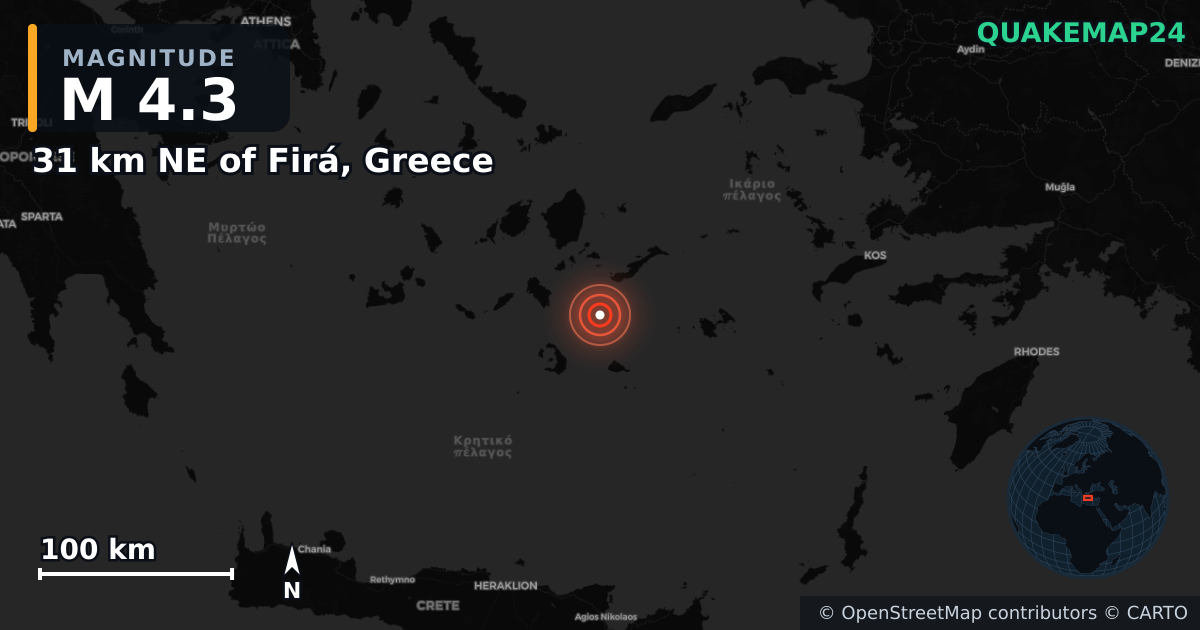 M4.3 earthquake near 31 km NE of Firá, Greece on Feb 3, 2025 — map of epicenter and shaking intensity | QuakeMap24