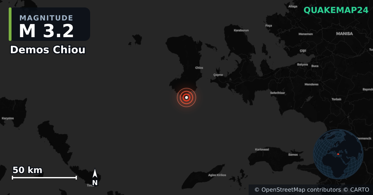 M3.2 earthquake near Demos Chiou on Oct 27, 2025 — map of epicenter and shaking intensity | QuakeMap24