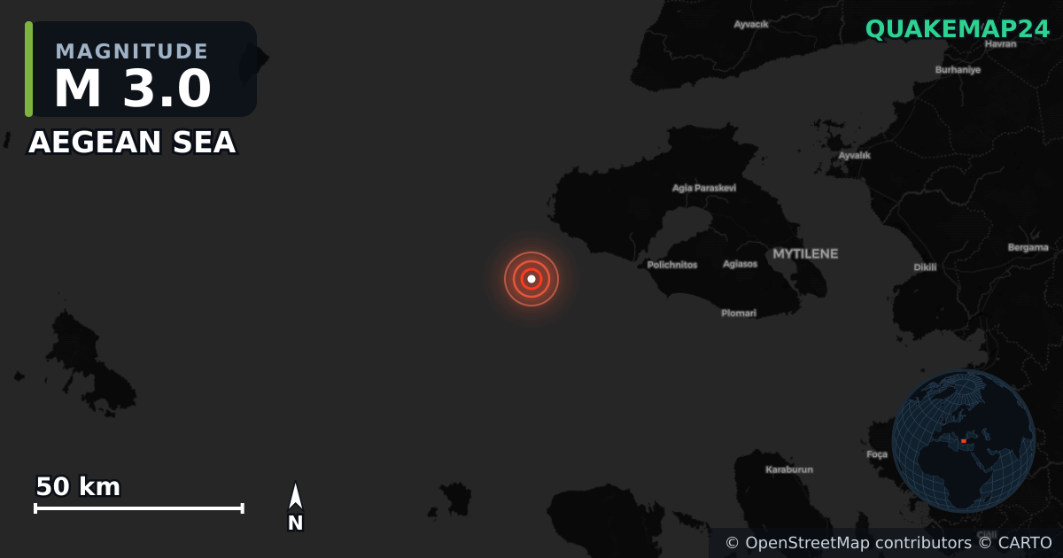 M3.0 earthquake near AEGEAN SEA on Aug 3, 2025 — map of epicenter and shaking intensity | QuakeMap24