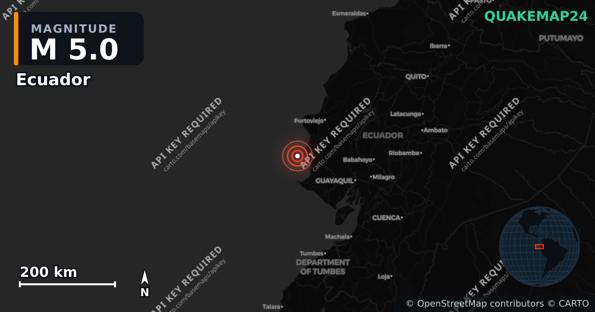 M5.0 earthquake near Ecuador on Sep 5, 2025 — map of epicenter and shaking intensity | QuakeMap24