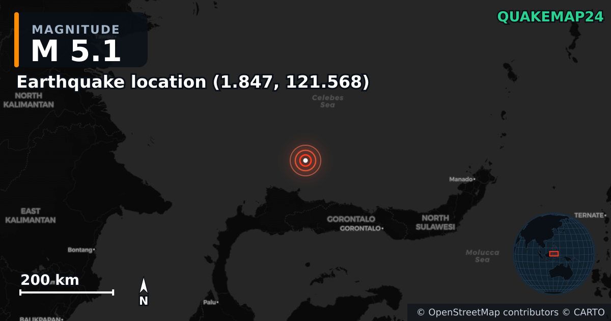 M5.1 earthquake near Deprem konumu (1.847, 121.568) on Apr 3, 2026 — map of epicenter and shaking intensity | QuakeMap24