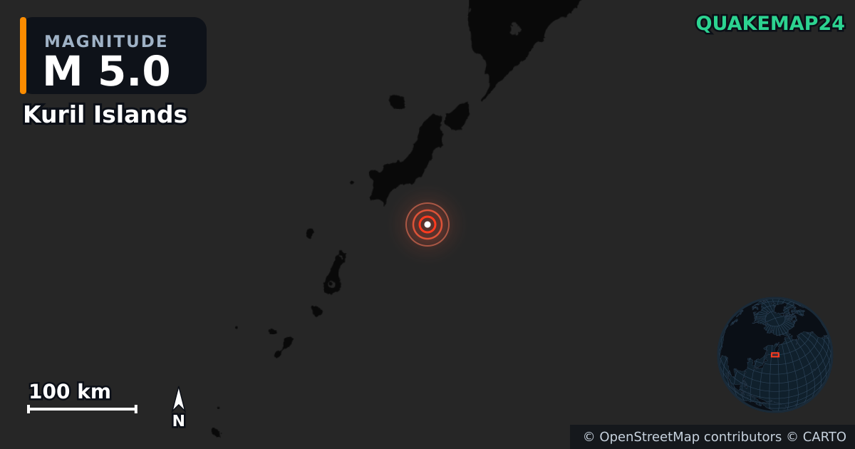 M5.0 earthquake near Kuril Islands on Aug 21, 2025 — map of epicenter and shaking intensity | QuakeMap24