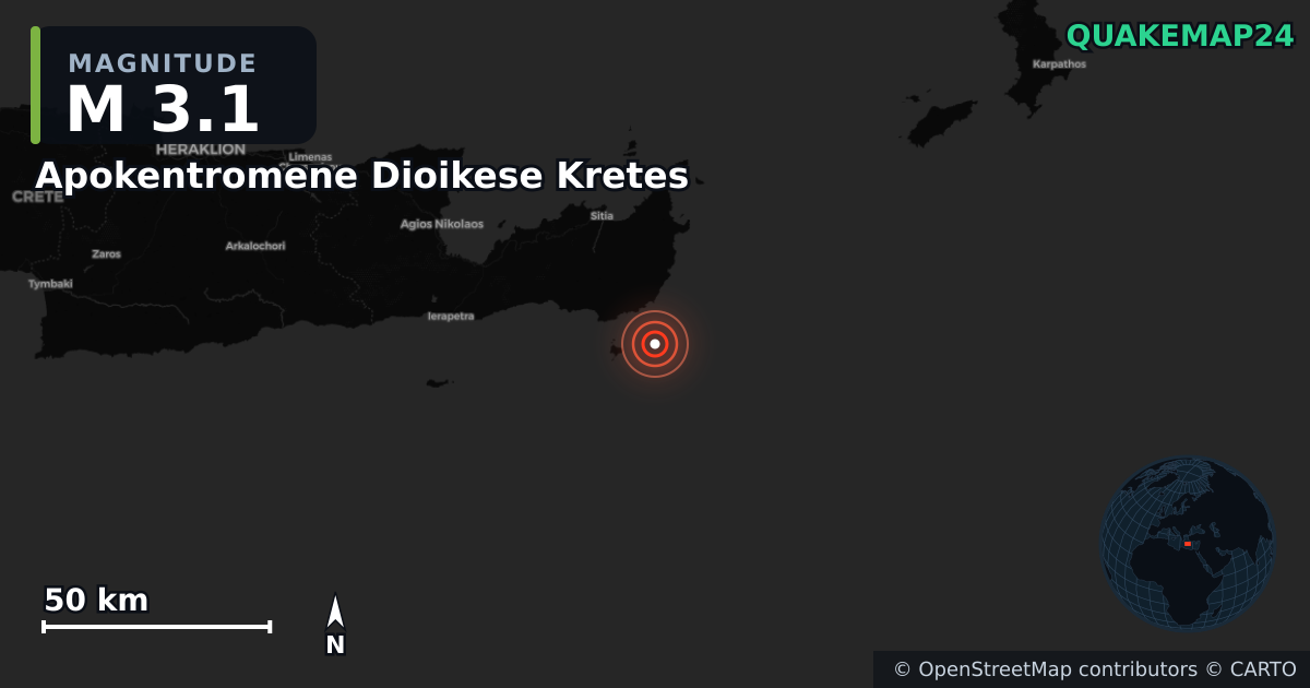 M3.1 earthquake near Apokentromene Dioikese Kretes on May 31, 2025 — map of epicenter and shaking intensity | QuakeMap24