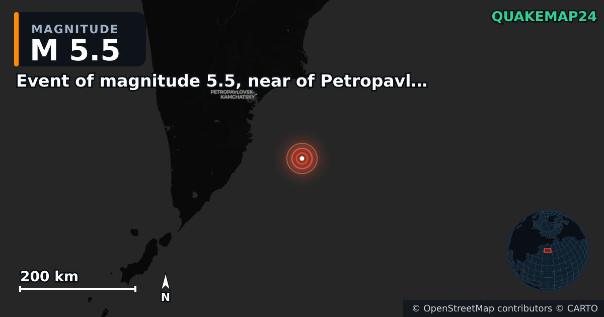M5.5 earthquake near Event of magnitude 5.5, near of Petropavlovsk Kamchatskiy (Monde) on Jan 6, 2026 — map of epicenter and shaking intensity | QuakeMap24