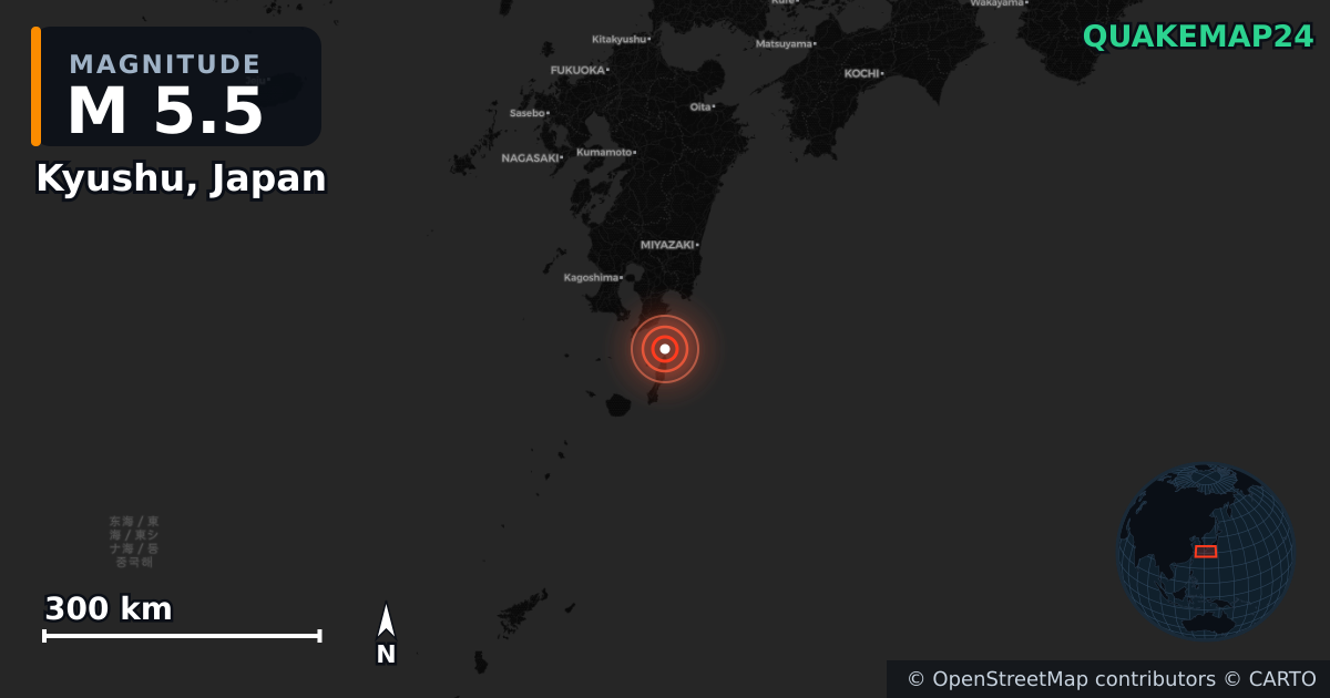 M5.5 earthquake near Kyushu, Japan on Mar 1, 2026 — map of epicenter and shaking intensity | QuakeMap24