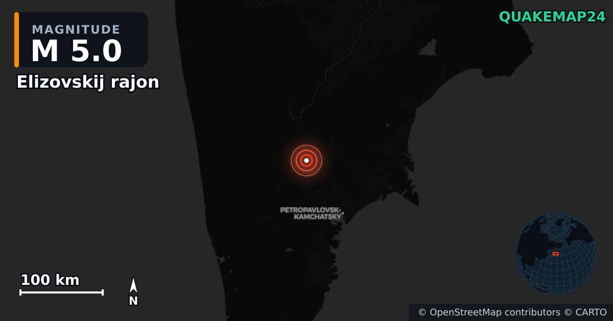 M5.0 earthquake near Elizovskij rajon on Sep 18, 2025 — map of epicenter and shaking intensity | QuakeMap24