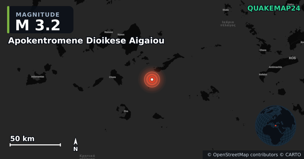 M3.2 earthquake near Apokentromene Dioikese Aigaiou on May 20, 2025 — map of epicenter and shaking intensity | QuakeMap24