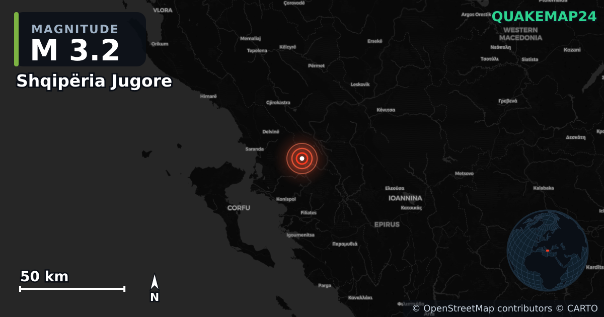 M3.2 earthquake near Shqipëria Jugore on Jul 9, 2025 — map of epicenter and shaking intensity | QuakeMap24