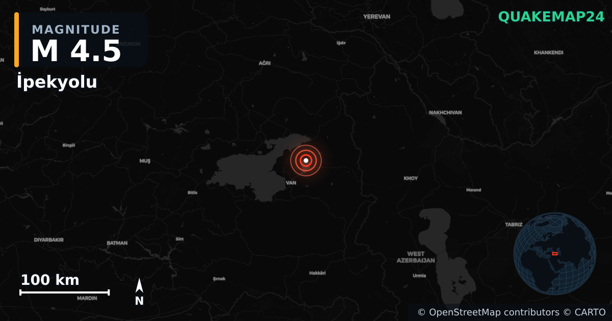 Türkiye (Türkiye) yakınında M4,5 deprem · 2025-12-07 — Deprem merkez üssünün konumunu gösteren harita