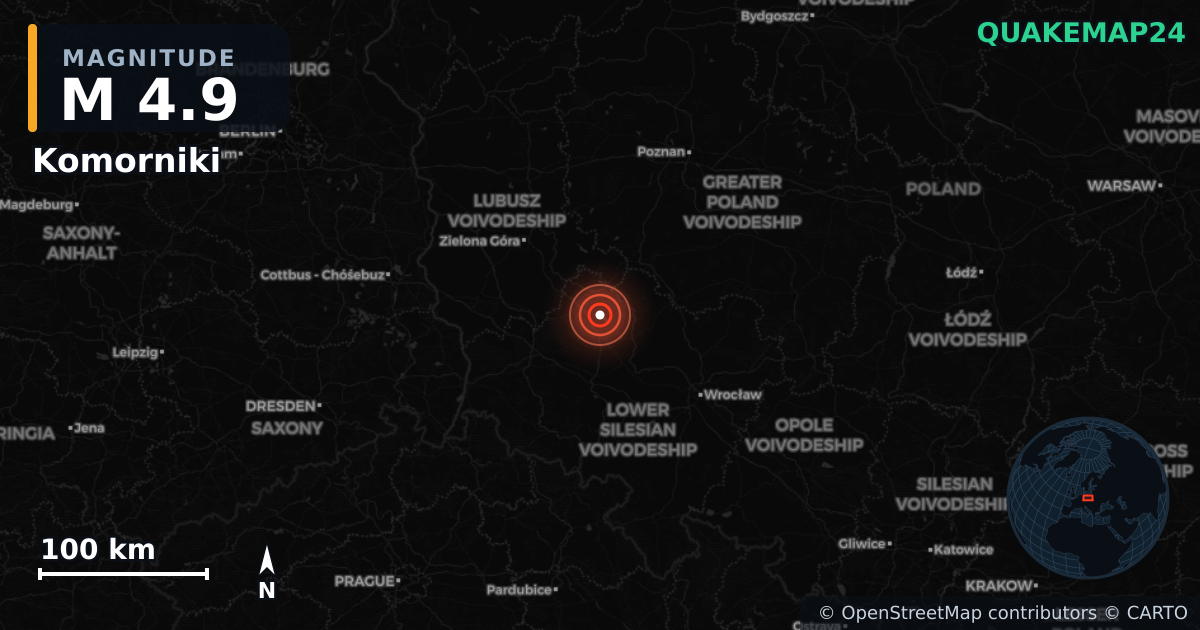 M4.9 earthquake near Komorniki on Jul 11, 2026 — map of epicenter and shaking intensity | QuakeMap24