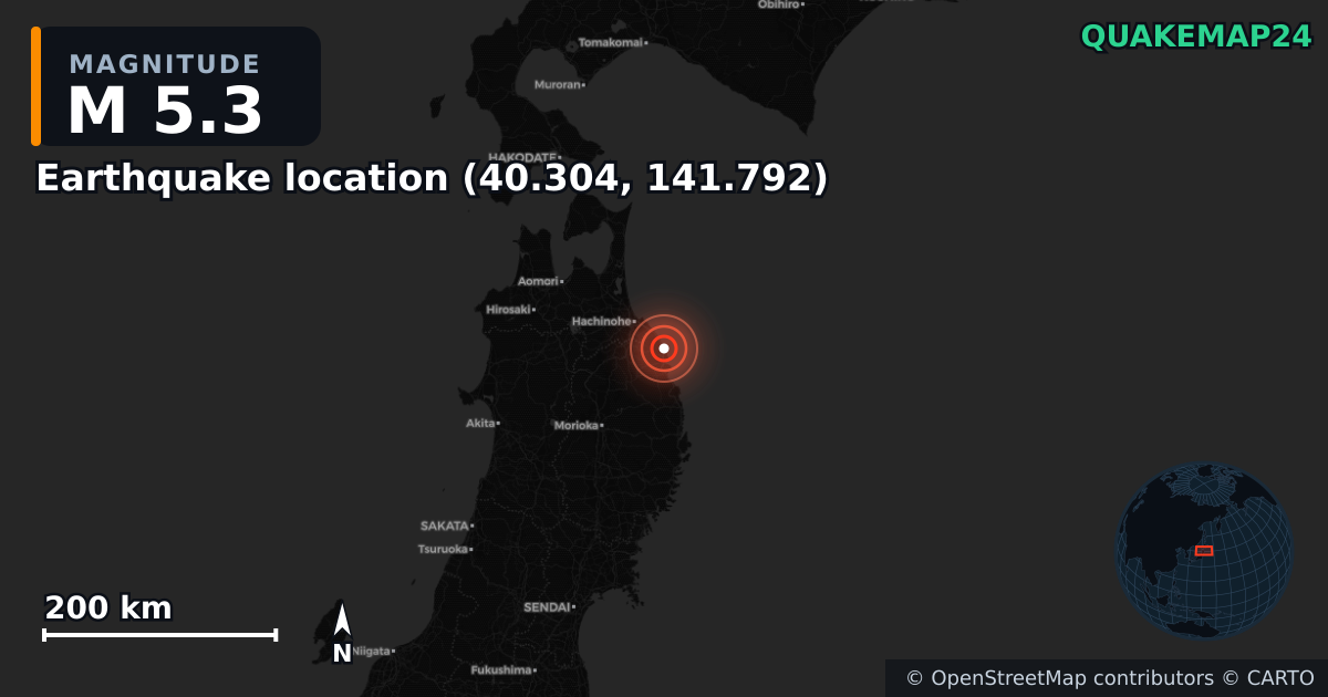 M5.3 earthquake near Deprem konumu (40.304, 141.792) on Apr 22, 2026 — map of epicenter and shaking intensity | QuakeMap24