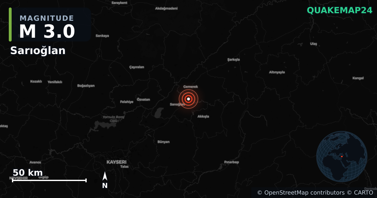 M3.0 earthquake near Sarıoğlan on Jul 3, 2025 — map of epicenter and shaking intensity | QuakeMap24
