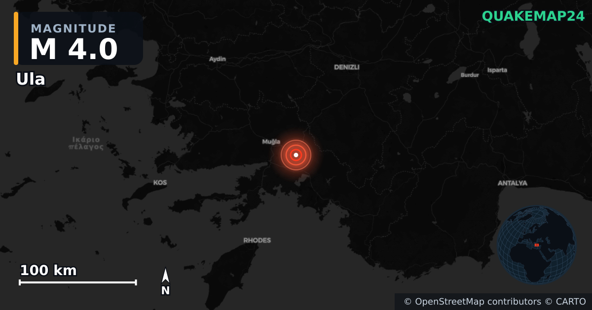 M4.0 earthquake near Ula on Oct 12, 2025 — map of epicenter and shaking intensity | QuakeMap24