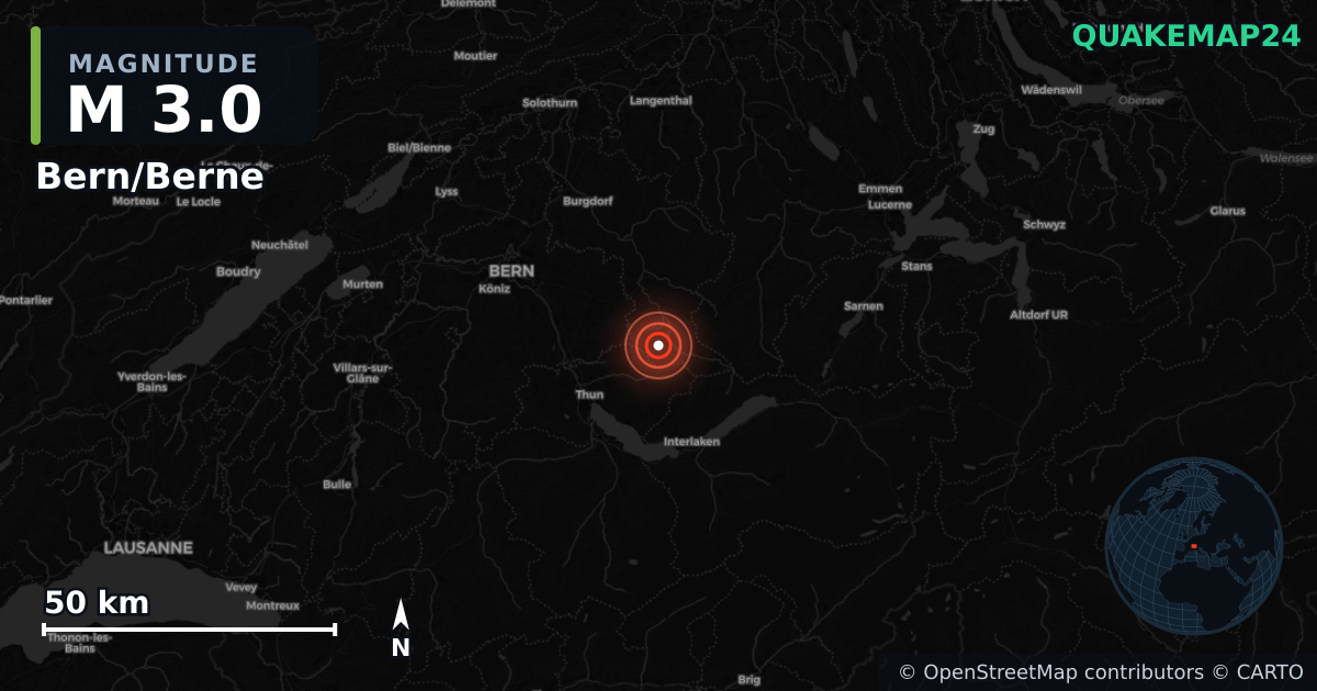 M3.0 earthquake near Bern/Berne on Dec 3, 2025 — map of epicenter and shaking intensity | QuakeMap24