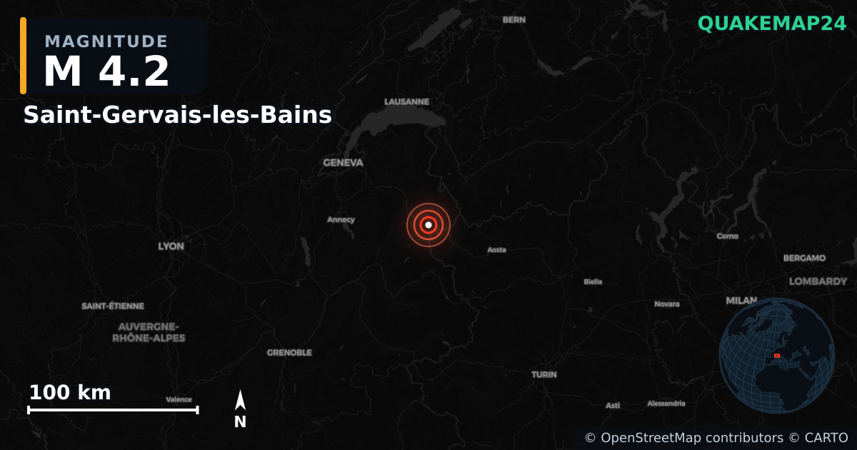 M4.2 earthquake near Saint-Gervais-les-Bains on Jan 12, 2026 — map of epicenter and shaking intensity | QuakeMap24