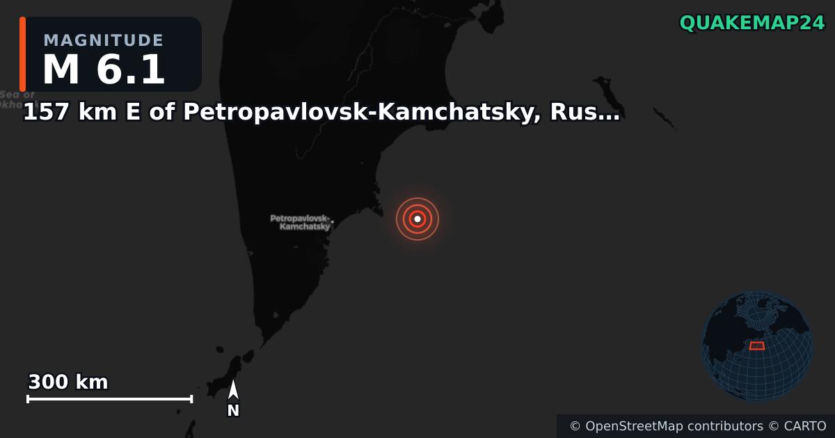 M6.1 earthquake near 157 km E of Petropavlovsk-Kamchatsky, Russia on Jul 24, 2025 — map of epicenter and shaking intensity | QuakeMap24