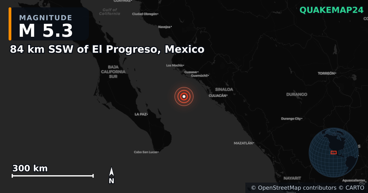M5.3 Earthquake near 84 km SSW of El Progreso, Mexico · 2026-06-30 — Map showing the location of the epicenter