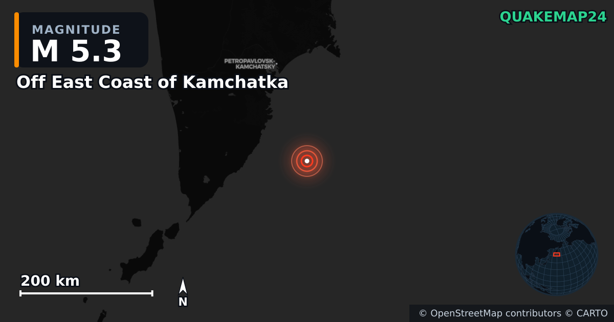M5.3 earthquake near Off East Coast of Kamchatka on Jul 30, 2025 — map of epicenter and shaking intensity | QuakeMap24