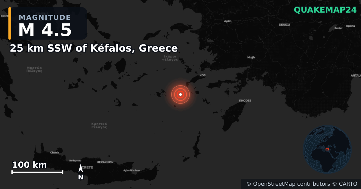 M4.5 earthquake near 25 km SSW of Kéfalos, Greece on Jan 6, 2025 — map of epicenter and shaking intensity | QuakeMap24