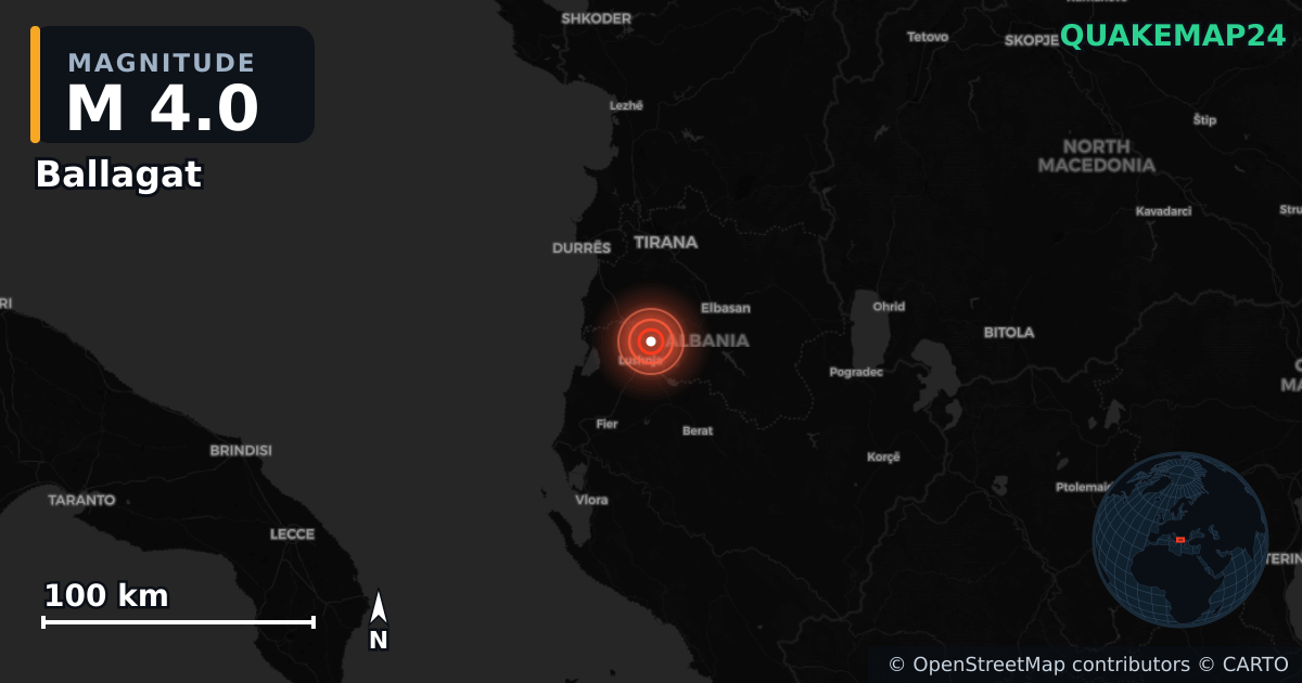 M4.0 earthquake near Ballagat on Mar 30, 2026 — map of epicenter and shaking intensity | QuakeMap24