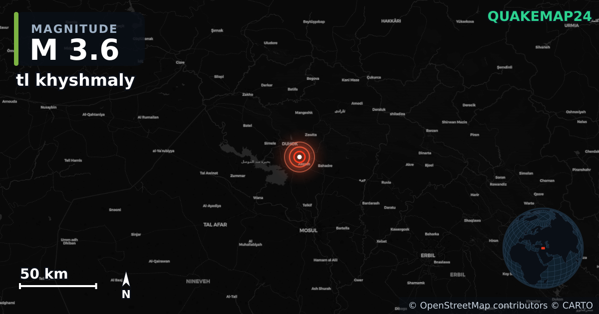 M3.6 earthquake near tl khyshmaly on Jan 19, 2026 — map of epicenter and shaking intensity | QuakeMap24