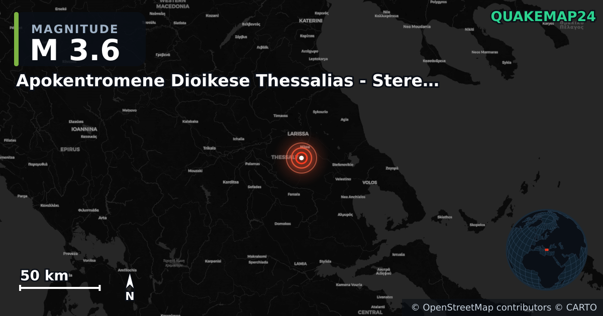 M3.6 earthquake near Apokentromene Dioikese Thessalias - Stereas Ellados on Nov 2, 2025 — map of epicenter and shaking intensity | QuakeMap24
