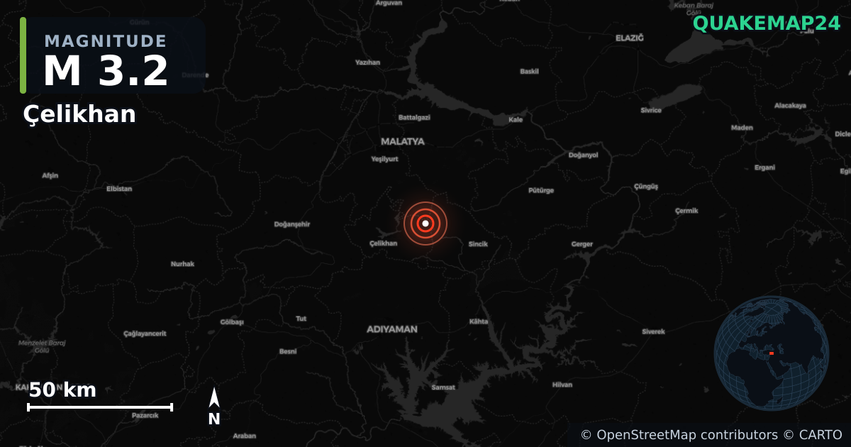 M3.2 earthquake near Çelikhan on Jul 9, 2026 — map of epicenter and shaking intensity | QuakeMap24