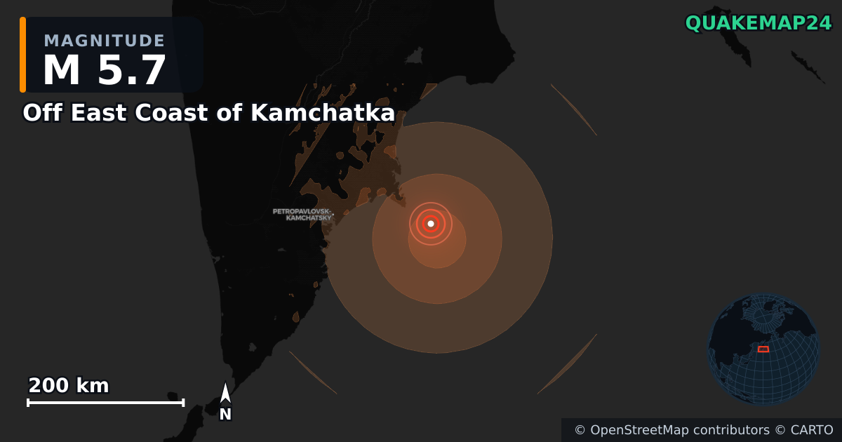 M5.7 earthquake near Off East Coast of Kamchatka on Jun 20, 2026 — map of epicenter and shaking intensity | QuakeMap24