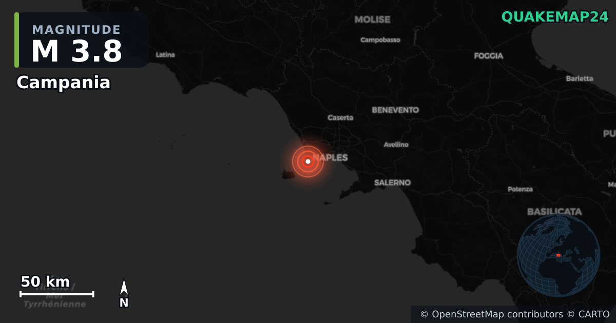 M3.8 earthquake near Campania on May 13, 2025 — map of epicenter and shaking intensity | QuakeMap24