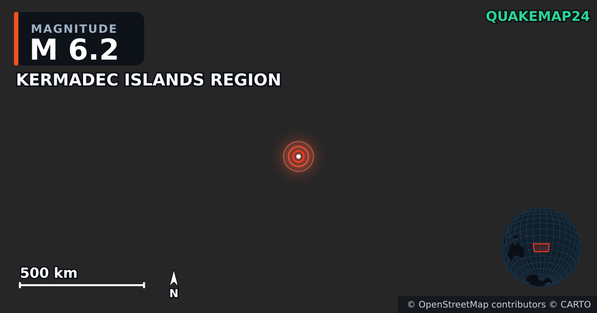 M6.2 earthquake near KERMADEC ISLANDS REGION on May 31, 2025 — map of epicenter and shaking intensity | QuakeMap24
