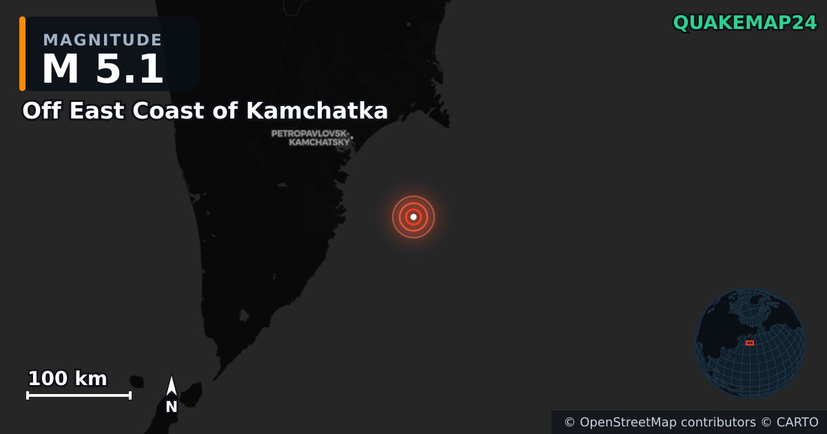 M5.1 earthquake near Off East Coast of Kamchatka on Sep 12, 2025 — map of epicenter and shaking intensity | QuakeMap24
