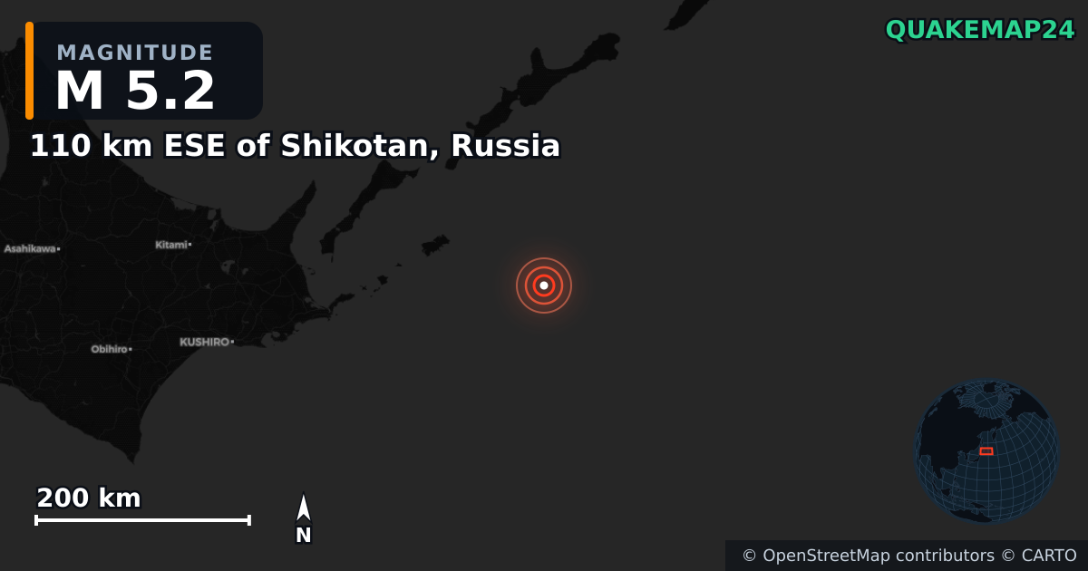 M5.2 earthquake near 110 km ESE of Shikotan, Russia on Dec 21, 2025 — map of epicenter and shaking intensity | QuakeMap24