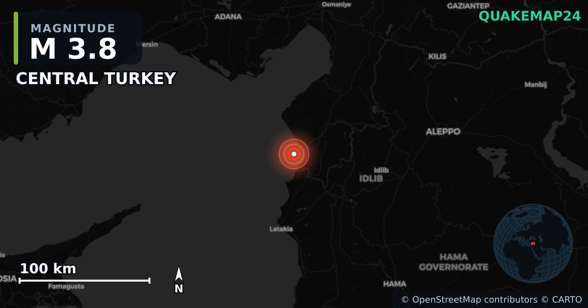 M3.8 earthquake near CENTRAL TURKEY on Jun 19, 2025 — map of epicenter and shaking intensity | QuakeMap24