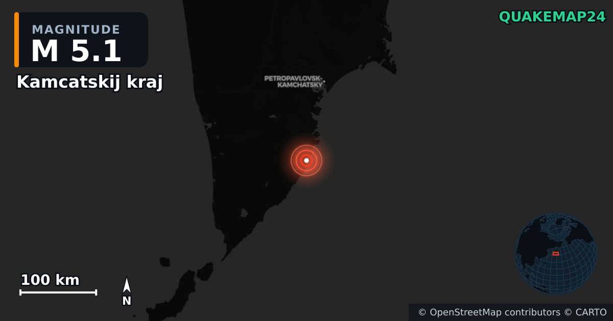M5.1 earthquake near Kamcatskij kraj on Aug 8, 2025 — map of epicenter and shaking intensity | QuakeMap24