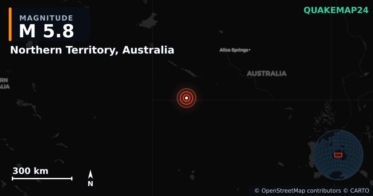 M5.8 earthquake near Northern Territory, Australia on Apr 4, 2026 — map of epicenter and shaking intensity | QuakeMap24