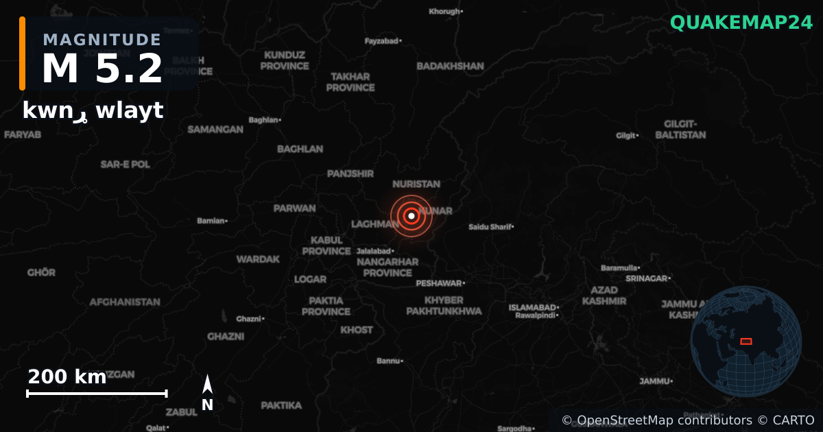 M5.2 earthquake near kwnړ wlayt on Aug 31, 2025 — map of epicenter and shaking intensity | QuakeMap24