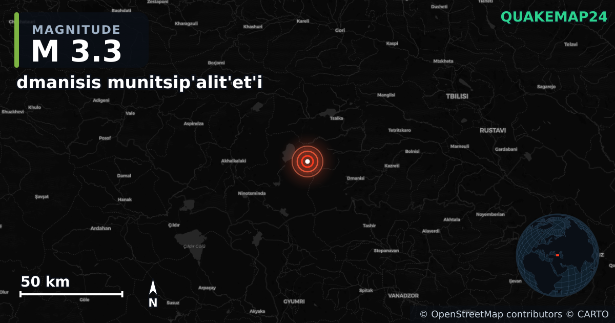 M3.3 earthquake near dmanisis munitsip'alit'et'i on Dec 28, 2025 — map of epicenter and shaking intensity | QuakeMap24