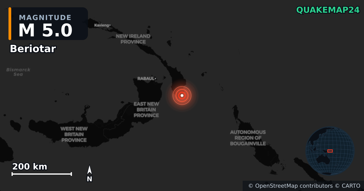 M5.0 earthquake near Beriotar on Aug 11, 2026 — map of epicenter and shaking intensity | QuakeMap24