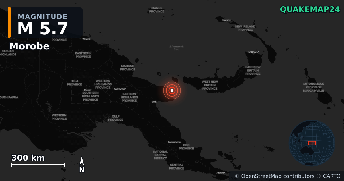 M5.7 earthquake near Morobe on Jun 19, 2025 — map of epicenter and shaking intensity | QuakeMap24