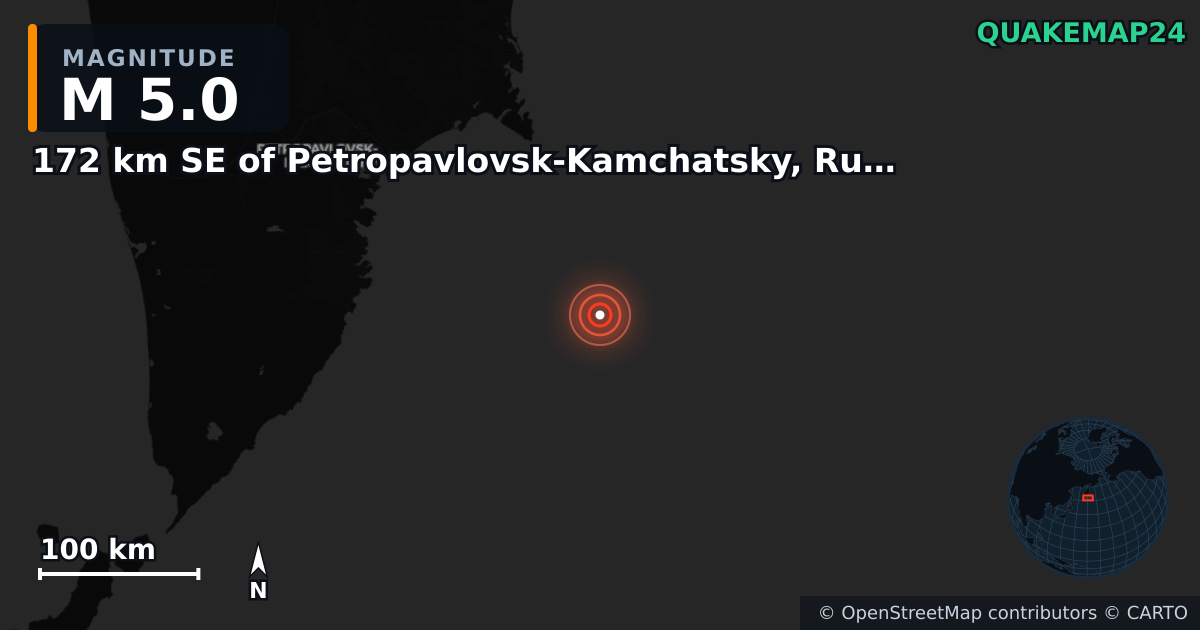 Erdbeben M5,0 bei 172 km SE of Petropavlovsk-Kamchatsky, Russia · 2026-08-28 — Karte der Lage des Epizentrums