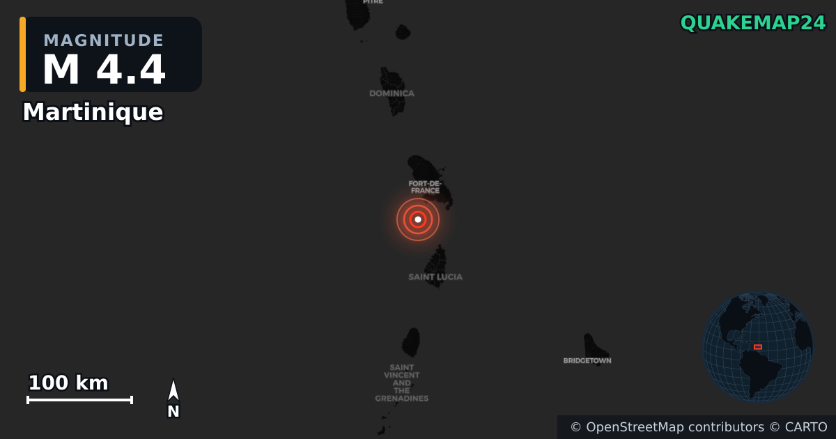M4.4 earthquake near Martinique on Aug 25, 2025 — map of epicenter and shaking intensity | QuakeMap24