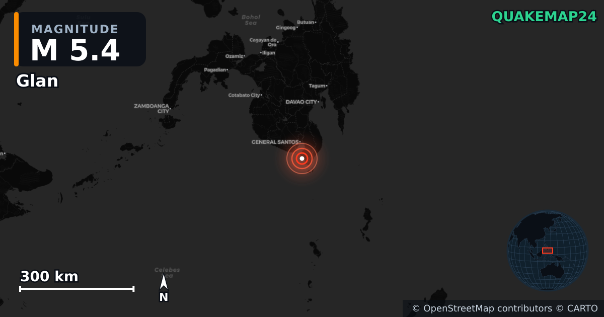 M5.4 earthquake near Glan on Jun 15, 2026 — map of epicenter and shaking intensity | QuakeMap24