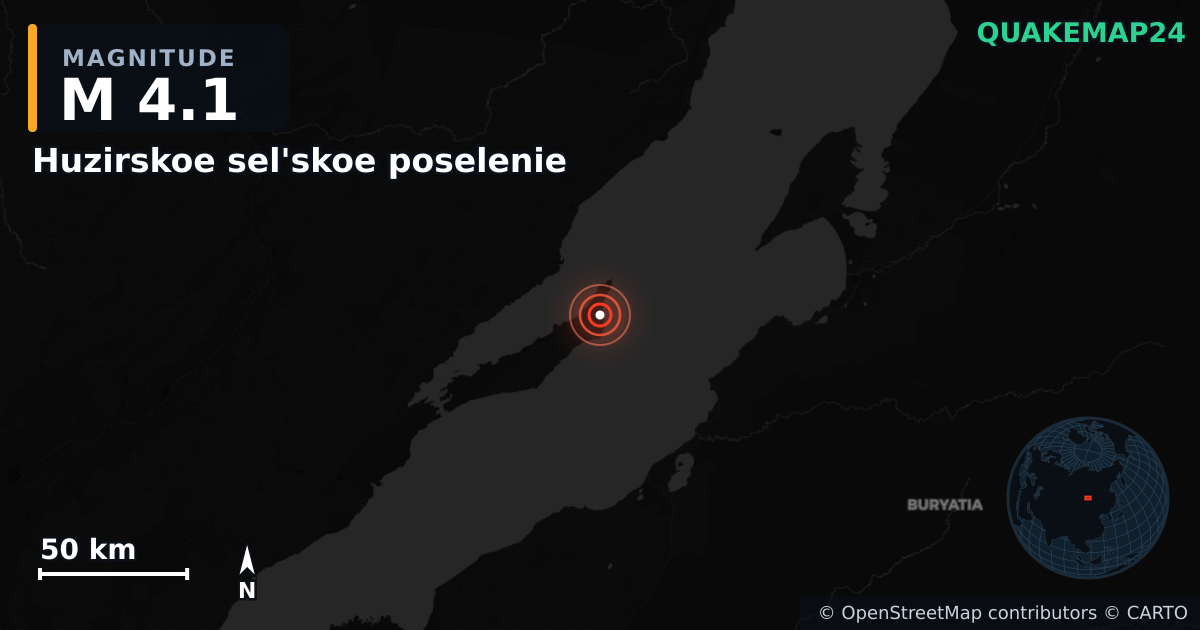 M4.1 earthquake near Huzirskoe sel'skoe poselenie on May 19, 2026 — map of epicenter and shaking intensity | QuakeMap24