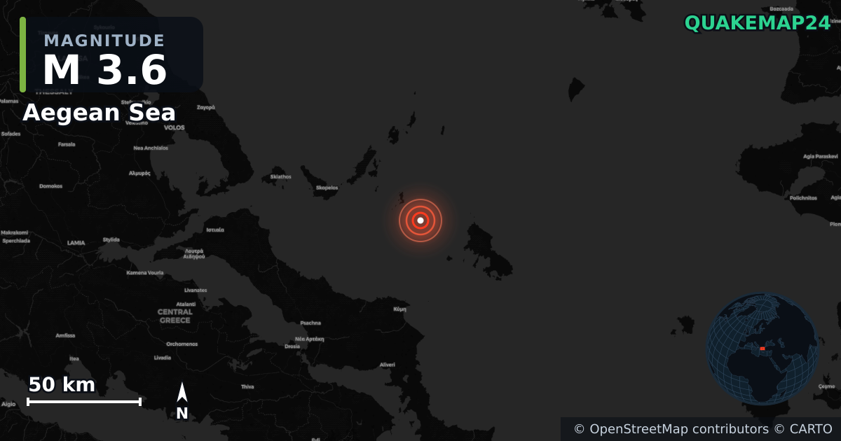 M3.6 earthquake near Aegean Sea on Nov 18, 2025 — map of epicenter and shaking intensity | QuakeMap24