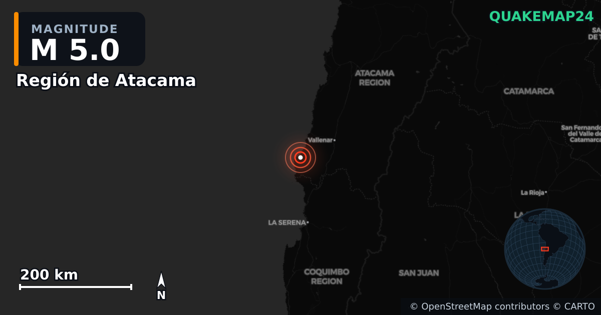 M5.0 earthquake near Región de Atacama on Nov 15, 2025 — map of epicenter and shaking intensity | QuakeMap24