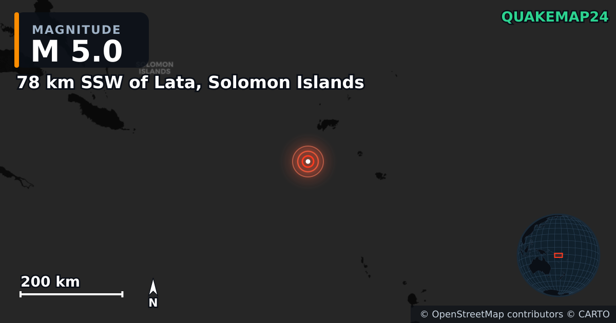 M5.0 earthquake near 78 km SSW of Lata, Solomon Islands on Sep 3, 2025 — map of epicenter and shaking intensity | QuakeMap24