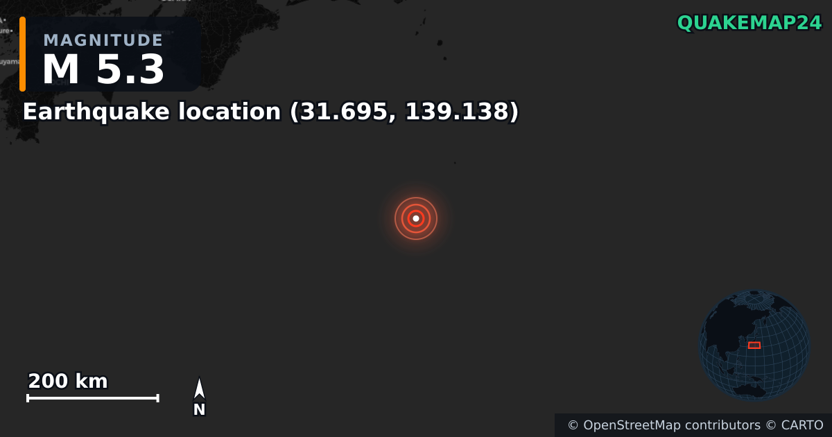 M5.3 earthquake near Deprem konumu (31.695, 139.138) on Jun 12, 2025 — map of epicenter and shaking intensity | QuakeMap24