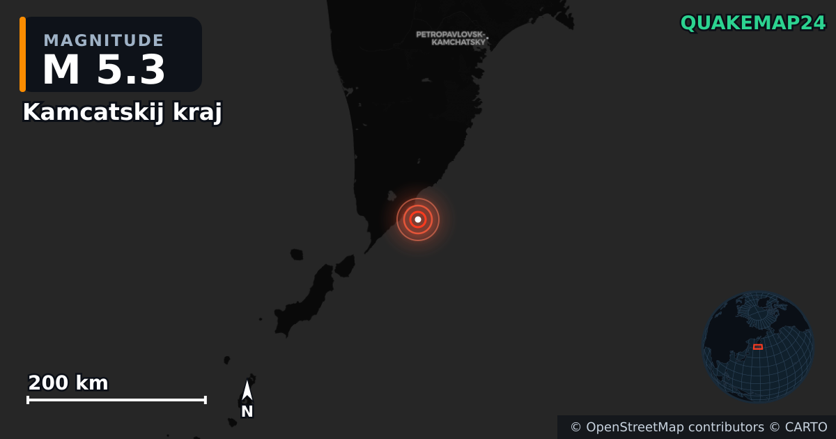M5.3 earthquake near Kamcatskij kraj on Aug 10, 2025 — map of epicenter and shaking intensity | QuakeMap24